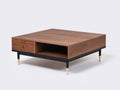 Tavolino da caffè 100×100×45 cm - legno noce e metallo nero - cassetto e vano aperto per soggiorno