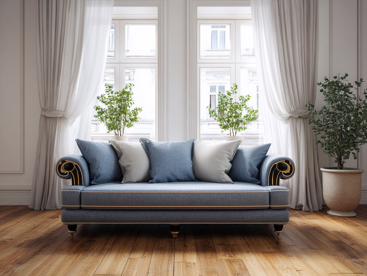 Divano 3 posti 245×96×91 cm - velluto blu polvere - stile classico con braccioli a voluta per soggiorno