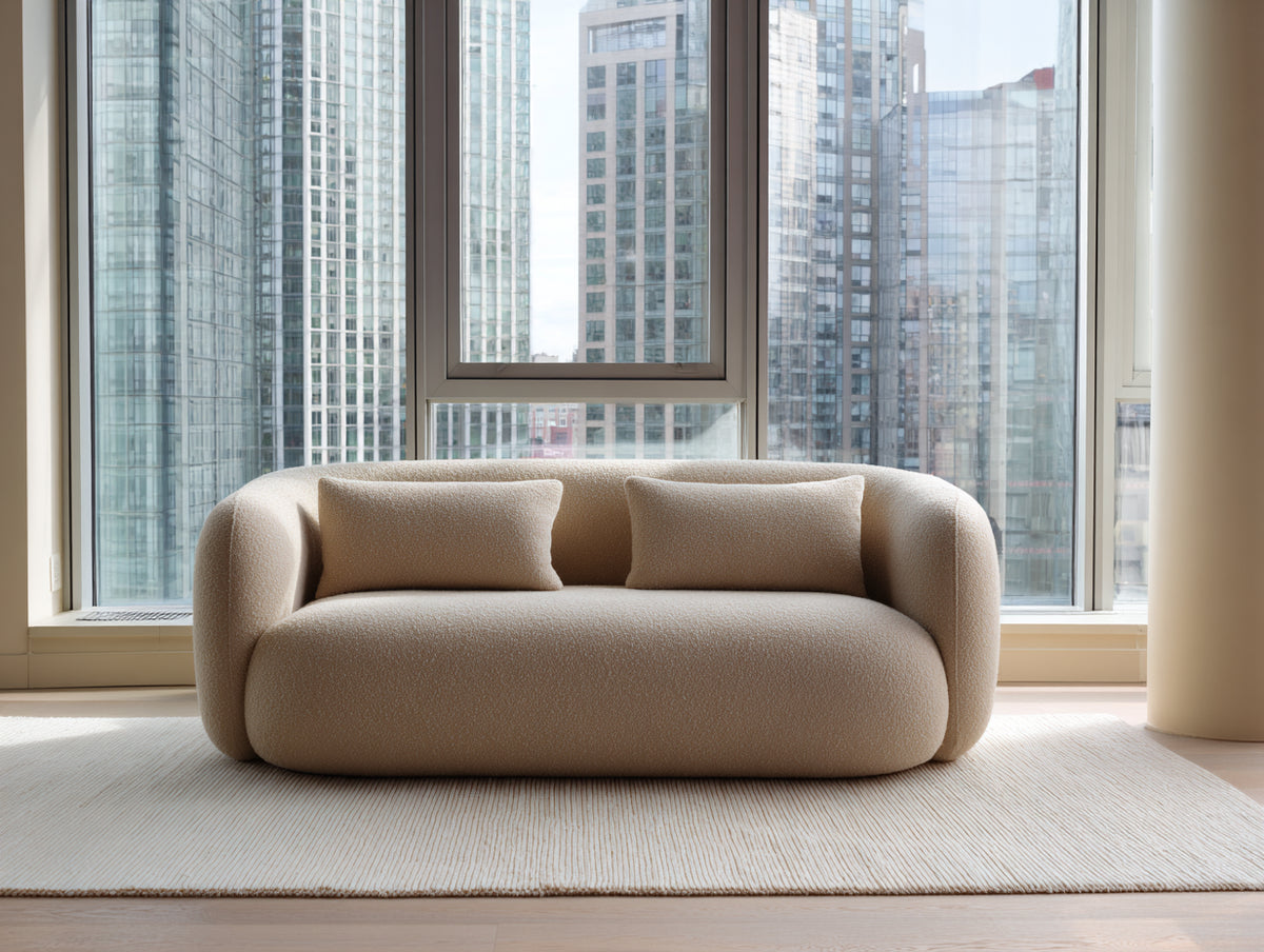 Divano 208×104×74 cm - tessuto bouclé beige sabbia - due posti con schienale curvo per Soggiorno